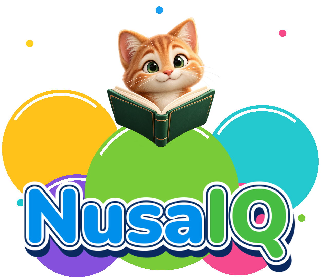 Logo NusaIQ dengan maskot kucing membaca buku
